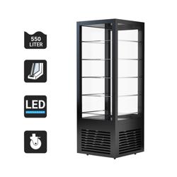 Vitrine réfrigérée 4 faces vitrées - 440L - 675mm - Double vitrage - avec 5 étagères en verre - 1 porte vitrée arrière - Noir
