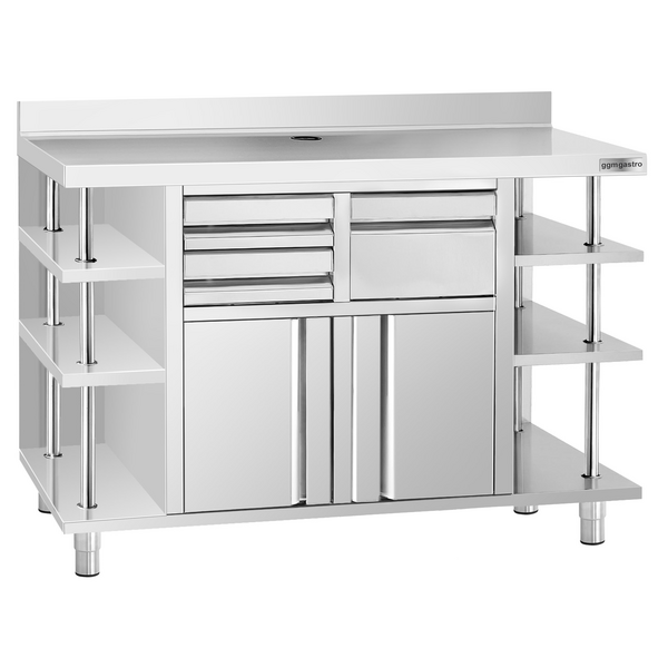 Work cabinet - for coffee machine - 2450x600mm - with Knocker, 2 Drawers, 2 Doors & Upstand