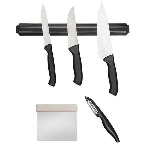 (6 pieces) Kitchen Knife Set – Stainless Steel - Peeler & Scraper - 38 cm Magnetic Knife Bar