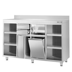 Tavolo armadiato in acciaio inox - 1600x600mm - con 2 porte a battente + 2 cassetti - con alzatina