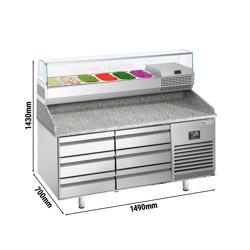 Pizzawerkbank PREMIUM PLUS - 1490x700mm - met granieten werkblad - met 6 laden - incl. glasvitrine - 6x GN 1/4
