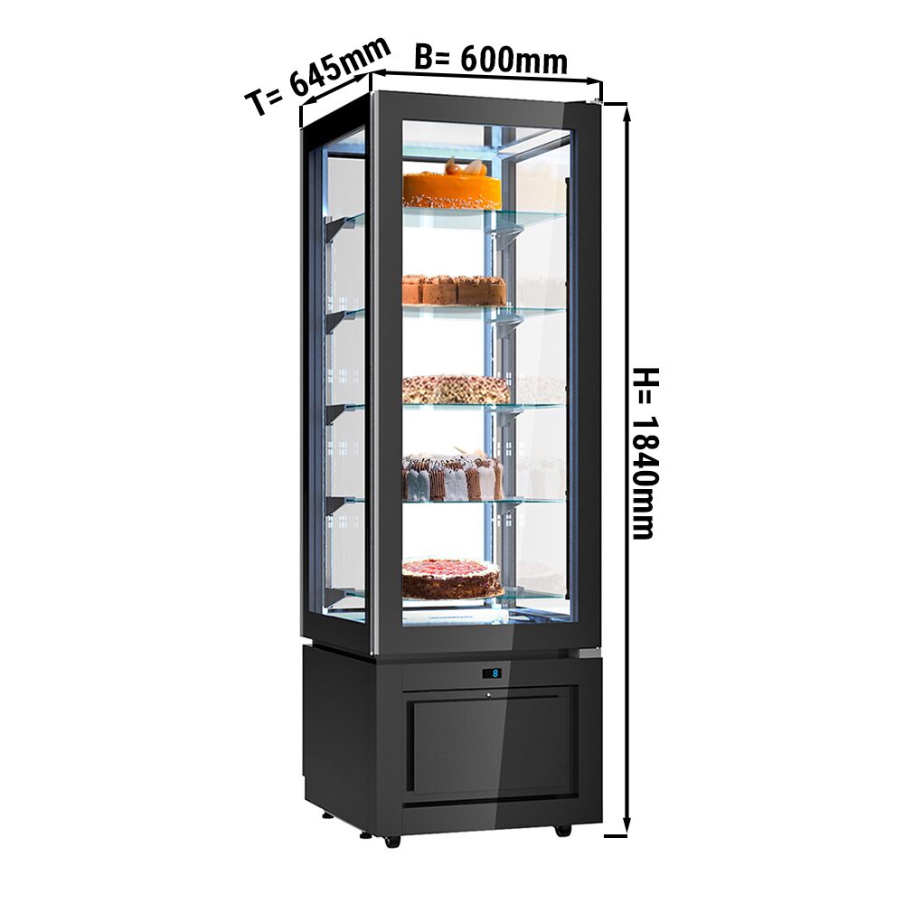 Vitrine réfrigérée 4 faces vitrées / Vitrine panoramique – 324 litres – 600 mm – 5 étagères – Noir