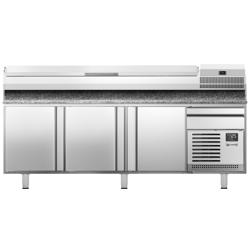 Table réfrigérée à pizza Premium PLUS - 2305x800 mm - avec 3 portes & 1 tiroir - incl. vitrine réfrigérée - 11x GN 1/4