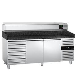 Pizzawerkbank PREMIUM - 2025x800mm - met granieten werkblad - met 2 deuren & 7 laden - incl. opzetkoelvitrine - 9x GN 1/3