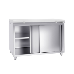 Tavolo armadiato in acciaio inox PREMIUM - 1400x600 mm - con anta scorrevole senza alzatina, inclusa tagliere	
