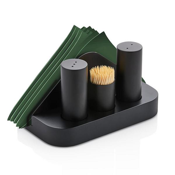 (12 pcs) Salt and Pepper Cruet Set and Stand - 4-piece - Stainless steel stand - napkin holder, toothpick holder, salt & pepper - Height: 200mm - Black
