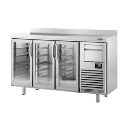 Barový chladicí stůl PREMIUM PLUS - Barkühltische Glas - 1960x600 mm - 520 l - se 3 skleněnými dveřmi, zadním lemem & vyklepávačem na kávu