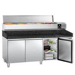 Table à pizza réfrigérée PREMIUM – 2000 × 800 mm – avec 3 portes – vitrine réfrigérée incluse – 9 × GN 1/3
