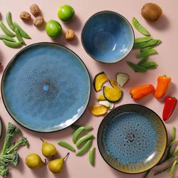 (24 pieces) Lotus Stoneware Dinner Set – Turquoise/Black - Matte Exterior - High-Gloss Interior