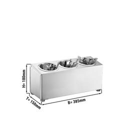 Portaposate con supporto - da banco - per 3 bicchieri portaposate - con 3 contenitori - incl. 3 bicchieri portaposate in acciaio inox - acciaio inox - 385x150mm - Altezza: 180mm