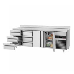 Mesa refrigerada PREMIUM - 2,3 x 0,7 m - con 2 puertas y 6 cajones - con soporte superior