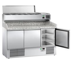 Commercial Refrigerated Pizza Prep Counter ECO - 1400x700 - 3 Doors - Top Display Rail - 6x GN 1/4
