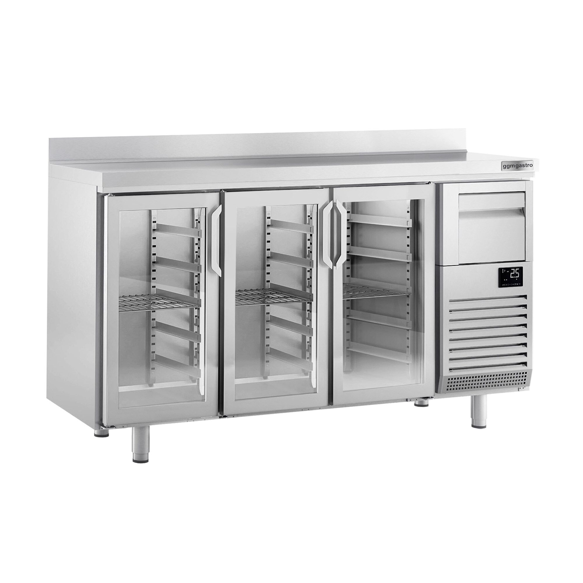 Arrière-bar réfrigéré professionnel Premium PLUS - 1960 x 600 mm - avec 3 portes en verre, dosseret et tiroir à marc de café