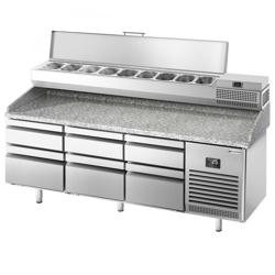 Pizzawerkbank PREMIUM PLUS - 1980x700mm - met granieten werkblad - met 6 laden - incl. opzetkoelvitrine - 9x GN 1/4