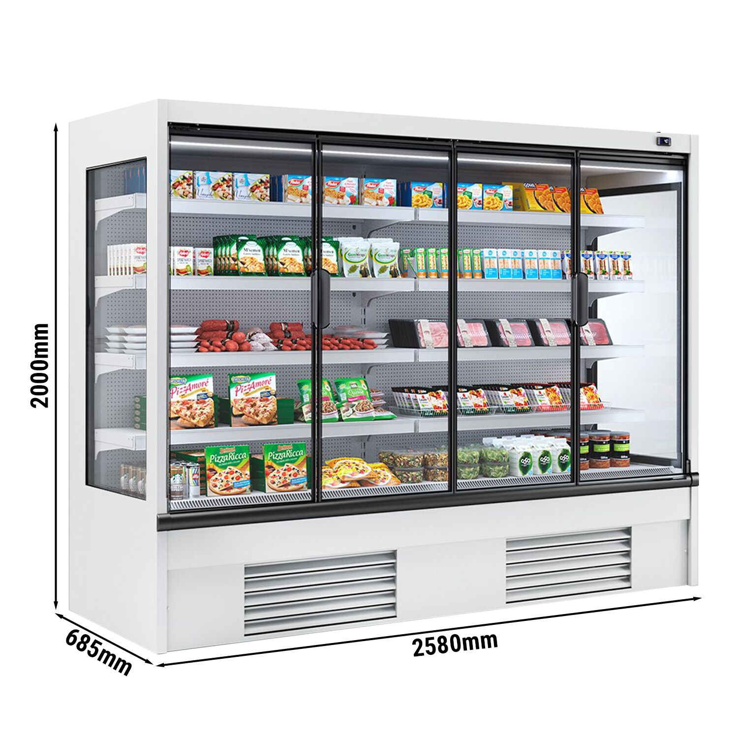 Vitrine murale réfrigérée - 2580mm - 910L - avec 4 portes battantes vitrées & 4 étagères - arrière fermé - Blanc