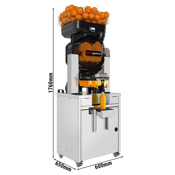 Elektrische Orangenpresse - Silber - mit Saftspeicher (ohne Kühlung), Ablasshahn & Untergestell