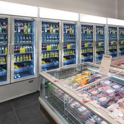 (2 adet) Cam Kapılı İçecek Dolabı - 2400mm - 2400L - çerçevesiz cam kapı - 4 Cam Kapılı + ışıklı reklam paneli + LED aydınlatmalı - Gri