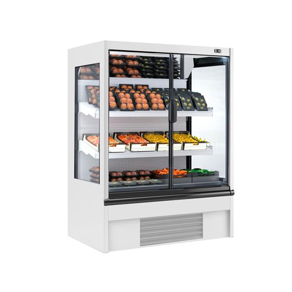 Commercial wall-mounted refrigerated display shelving - 1330 mm - 370 litres - with 2 double-glazed hinged doors and 4 shelves