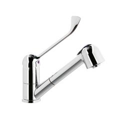 Baterie cu un singur orificiu [5000] - pentru apă rece și caldă - cu mixer monocomandă, pipă pivotantă & duș pre‑spălare cu furtun flexibil