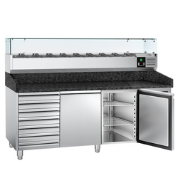 Rashladni pult za pripremu pizze PREMIUM - 2000x800 mm - sa 2 vrata & 7 ladica - uklj. Rashladna nadograđena vitrina - 9x GN 1/3
