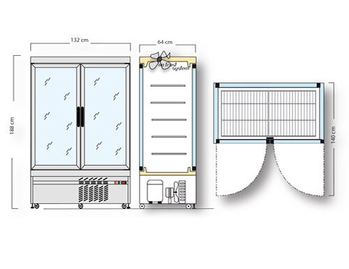 Vitrine réfrigérée 4 faces vitrées / Vitrine panoramique – 935 litres – 1320 mm – 10 étagères – Argent