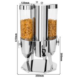 Müzli adagoló - 2 rekeszes - forgatható állvánnyal - Ø 120 mm - tekerős adagolás - 2 tartály - 2 x 3,6 l - rozsdamentes acél állvány