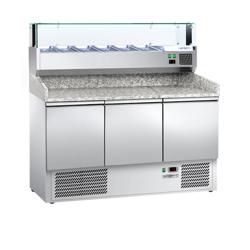Banco pizza refrigerato ECO - 1400x700mm - con 3 porte - piano in granito - con vetrina ingredienti refrigerata superiore LED - 6x GN 1/4
