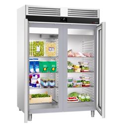 Koelkast RVS PREMIUM - GN 2/1 - 1400mm - 1350liter - tot -2°C tot +8°C - met 2 glazen deuren - geforceerde koeling, LED‑verlichting & roosters