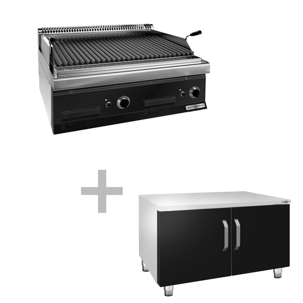 Grelhador de pedra de lava a gás (14 kW) grelha inclinável incl. quadro de base | grelha a gás | grelha de rocha de lava | pedras de lava | grelha de mesa | gastronomia
