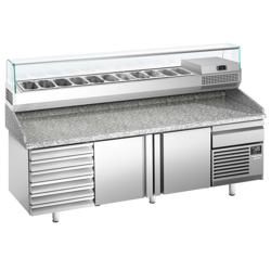 Pizzawerkbank PREMIUM PLUS - 2305x800mm - met granieten werkblad - met 2 deuren & 7 laden - incl. glasvitrine - 11x GN 1/4