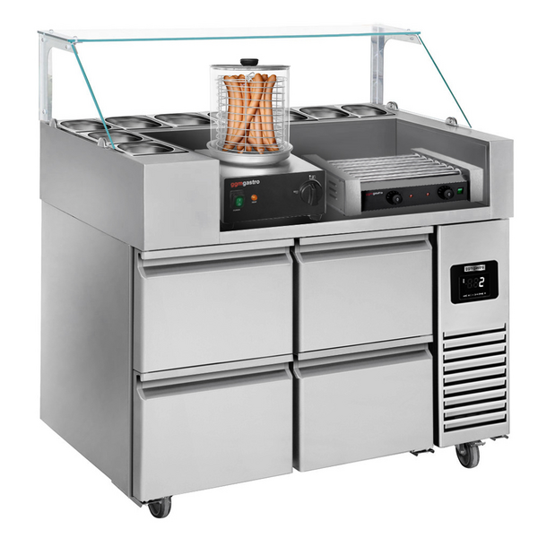 Voorbereidingstafel - 1210mm - 4 laden - voor 9x GN 1/6 - incl. worstengrill & verwarmer