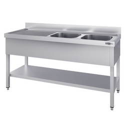 Chiuvetă din oțel inoxidabil ECO - cu polita - 2,0 m - 2 cuve în dreapta - L 60 x L 50 x P 30 cm