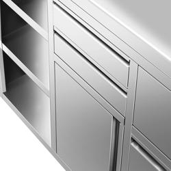 Tavolo armadiato in acciaio inox - 1292x600mm - con 1 porta a battente, 2 cassetti a sinistra - con alzatina