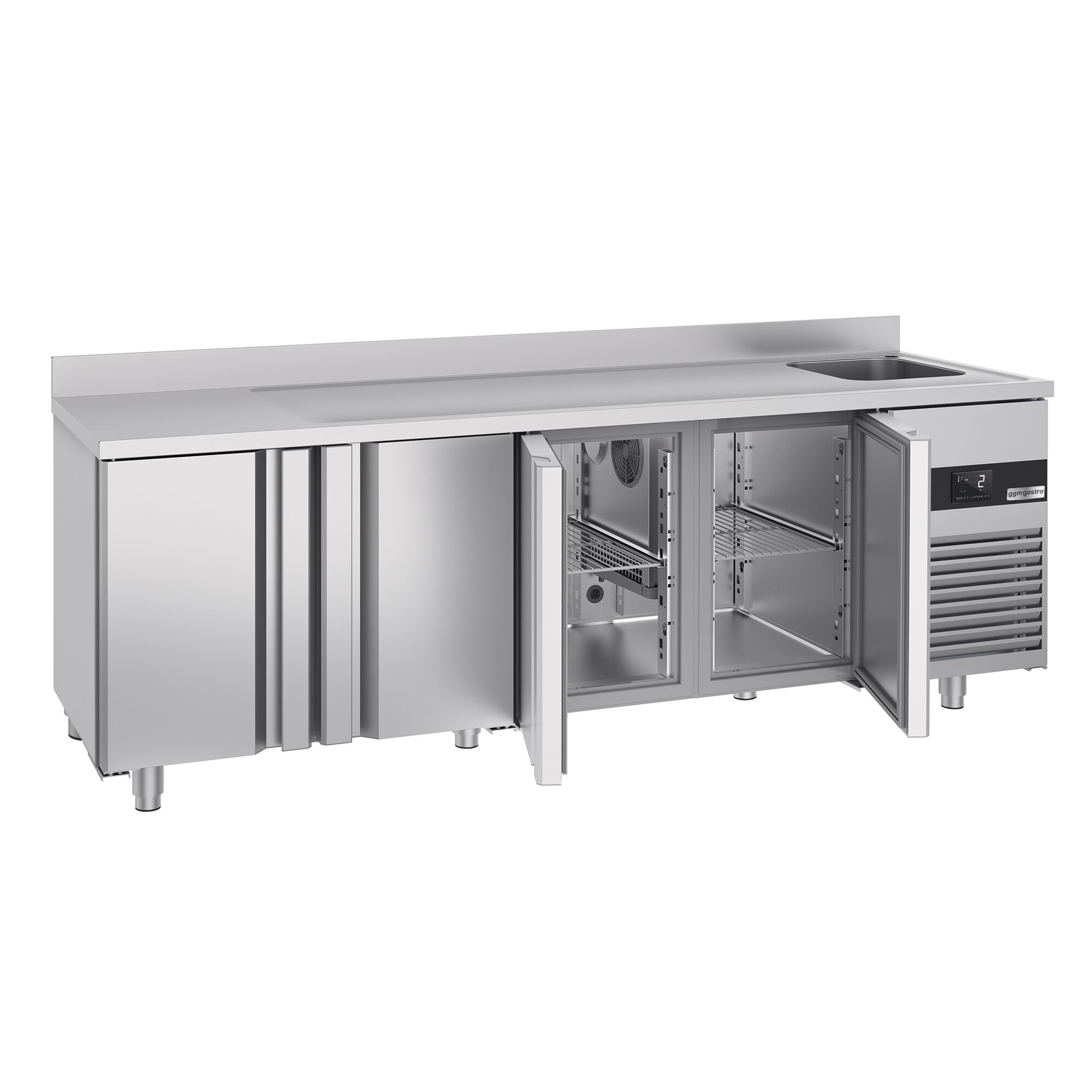 Table réfrigérée PREMIUM - 2360x700 mm - avec 4 portes, 1 bac à droite - avec dosseret