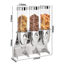 Dispenser per cereali - triplo - Ø 115mm - Cromo - dosatore a manopola - 3 contenitori in plastica trasparente