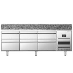 Mesa pizzera refrigerada PREMIUM PLUS - 1980x700mm - encimera de granito - con 1 puertas ciegas y 6 cajones