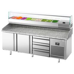 Pizzawerkbank PREMIUM PLUS - 1980x700mm - met granieten werkblad - met 2 deuren & 3 laden - incl. glasvitrine - 9x GN 1/4