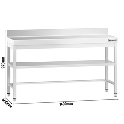 Ruostumattomasta teräksestä valmistettu työpöytä PREMIUM - 1600x600mm - jalustalla, korokkeella ja kannattimilla 