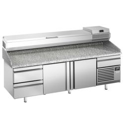 Pizzakylbänk PREMIUM PLUS - 2305x800 mm - granitskiva - med 2 dörrar & 2 lådor - inkl. kylränna - 10x GN 1/3