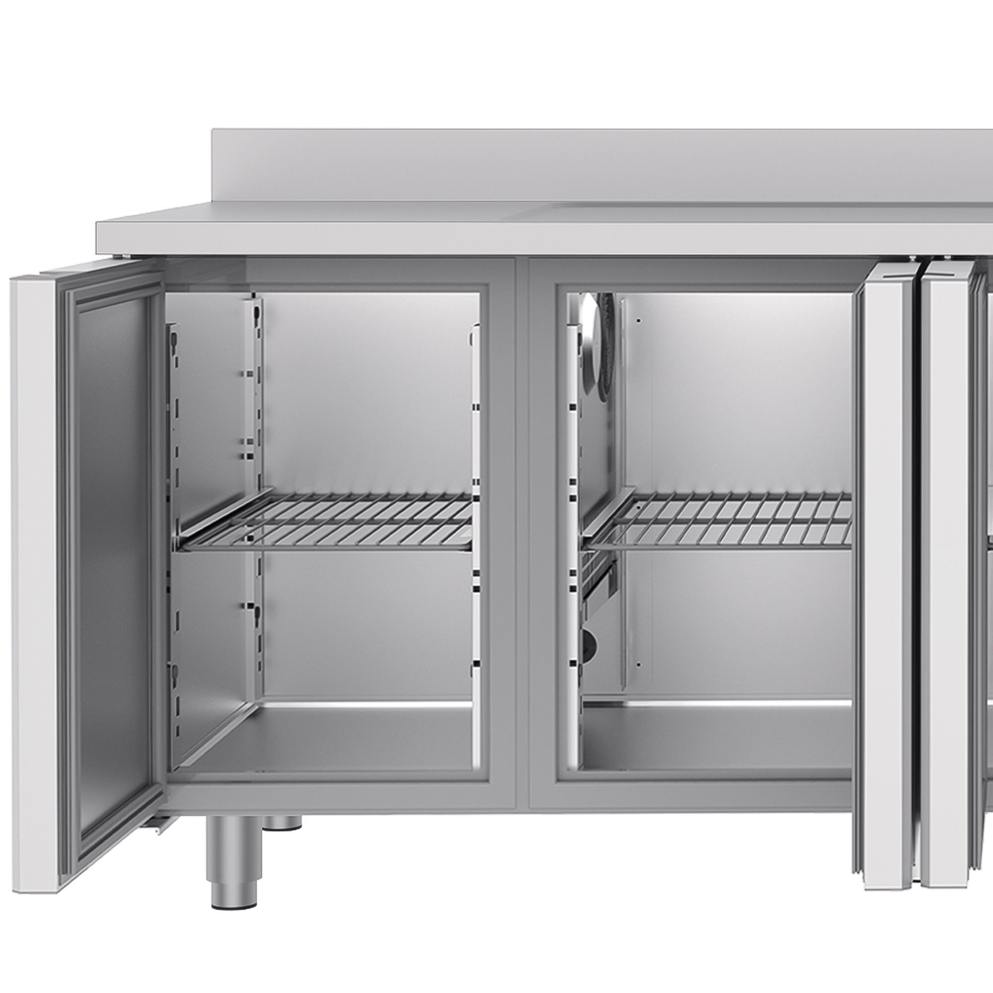 Table réfrigérée PREMIUM - 2360x700 mm - avec 4 portes, 1 bac à droite - avec dosseret