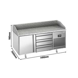 Pizzawerkbank PREMIUM PLUS - 1490x700mm - met granieten werkblad - met 1 deur & 3 laden - incl. opzetkoelvitrine - 8x GN 1/3