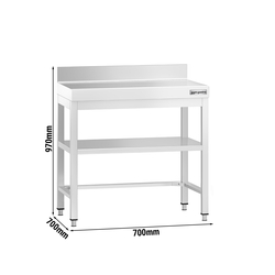 Table de travail en inox PREMIUM - 700x700mm - avec fond de base, rebord & contreventement	