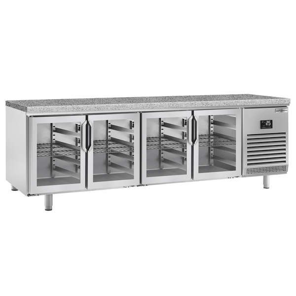 Bancada  de  refrigeração para padaria e pastelaria  PREMIUM PLUS - 2752x800mm  - com 4 portas de cristal e bancada em granito