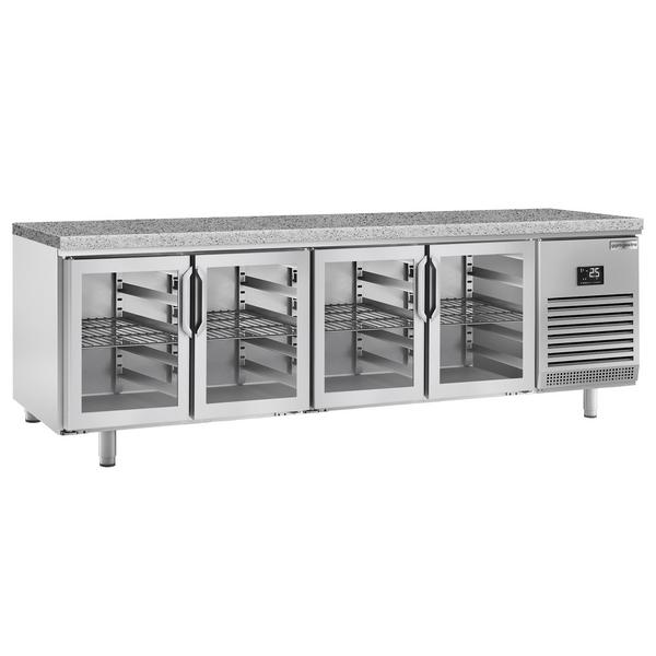 Table réfrigérée de boulangerie PREMIUM PLUS - 2752x800 mm - 4 portes vitrées & plan de travail en granit