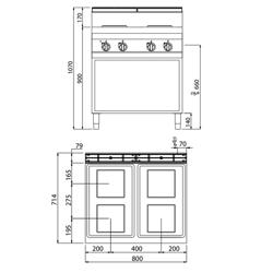Cucina elettrica professionale - LORENZO 700 - 800x714x1070mm - 10,4 kW - 4 piastre quadrate - su vano aperto