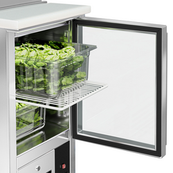 Saladette PREMIUM - 450mm - 1 glazen deur - met ingang voor 1x GN 1/1 & Roestvrijstalen deksel