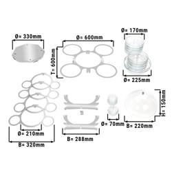 Büfé állvány - rozsdamentes acél és üveg - kerek - 600x600 mm - Magasság: 350 mm - tartozék: 17 üvegtál - forgó