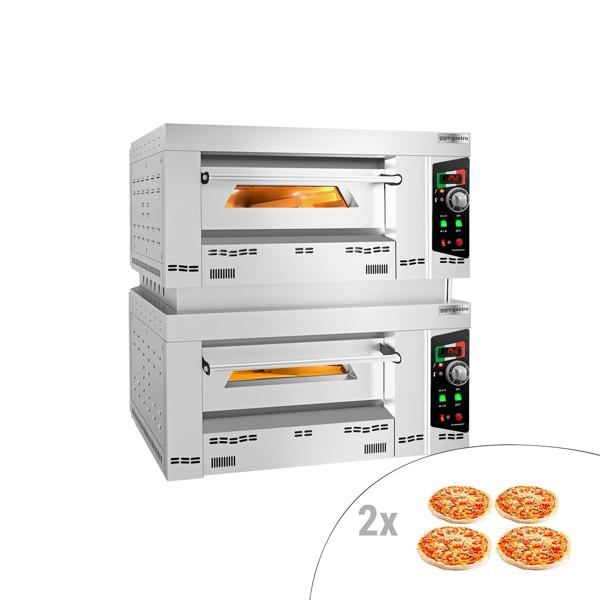 Four à pizza PROFESSIONNEL à gaz - Sole en pierre réfractaire - 2 x 4 pizzas Ø34cm - Commandes mécaniques - jusqu’à 450°C - incl. 2 cheminées, 2 conduits Ø150mm & cadre