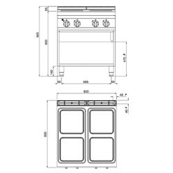 Elektrický sporák - LORENZO 900 - 4 plotýnky hranaté - samostatně stojící jednotka - 800x900x965 mm - 7,0 kW - otevřená spodní konstrukce