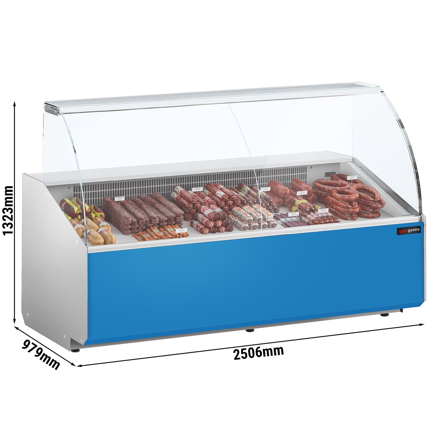 Comptoir vitrine réfrigérée - 2506x979mm - +2/+6°C - 512L - Façade bleue RAL5015